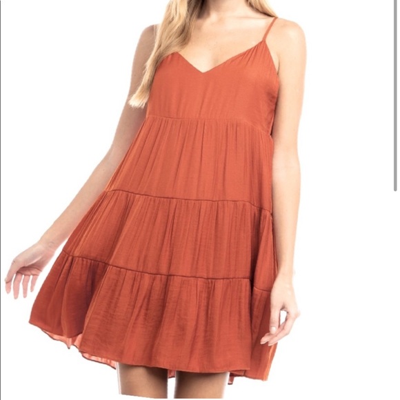 BURNT ORANGE BOHO 3 TIERED MINI DRESS - Picture 2 of 3